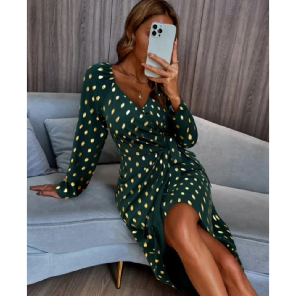 Luxe metallic gold dots wrap knot side party evening formal dress - Picture 6 of 15
